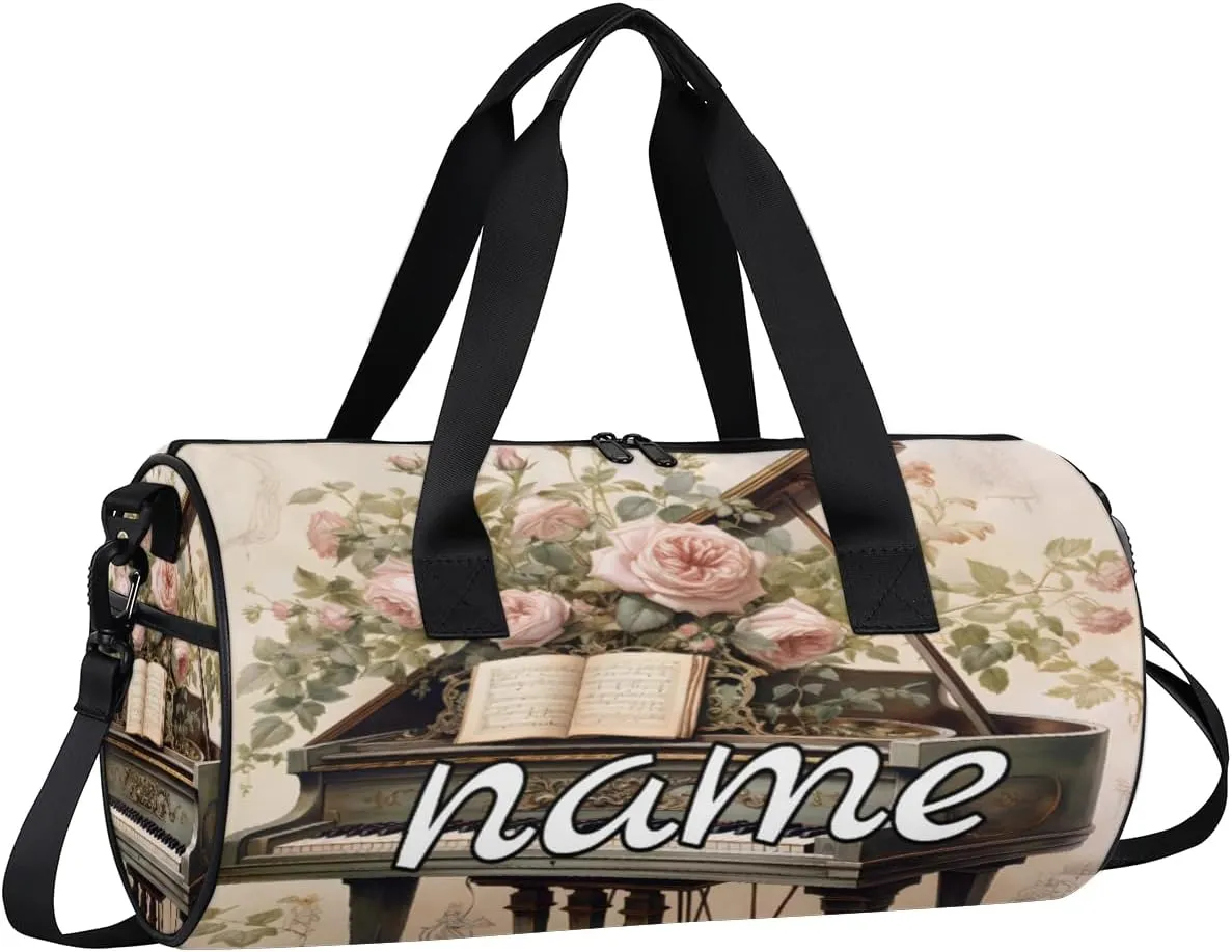 Music Piano Floral Print Personalized Dance Bags, Music Piano Floral Print Custom Sport Duffel Bag Travel Duffle Bag Overnight Weekender Bag