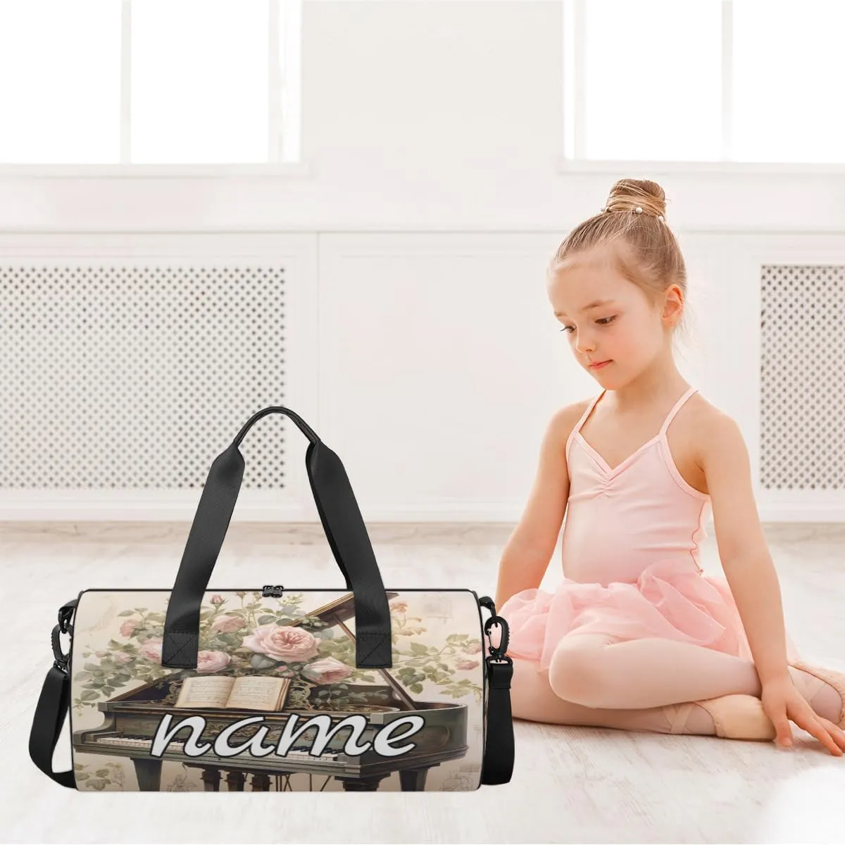 Music Piano Floral Print Personalized Dance Bags, Music Piano Floral Print Custom Sport Duffel Bag Travel Duffle Bag Overnight Weekender Bag