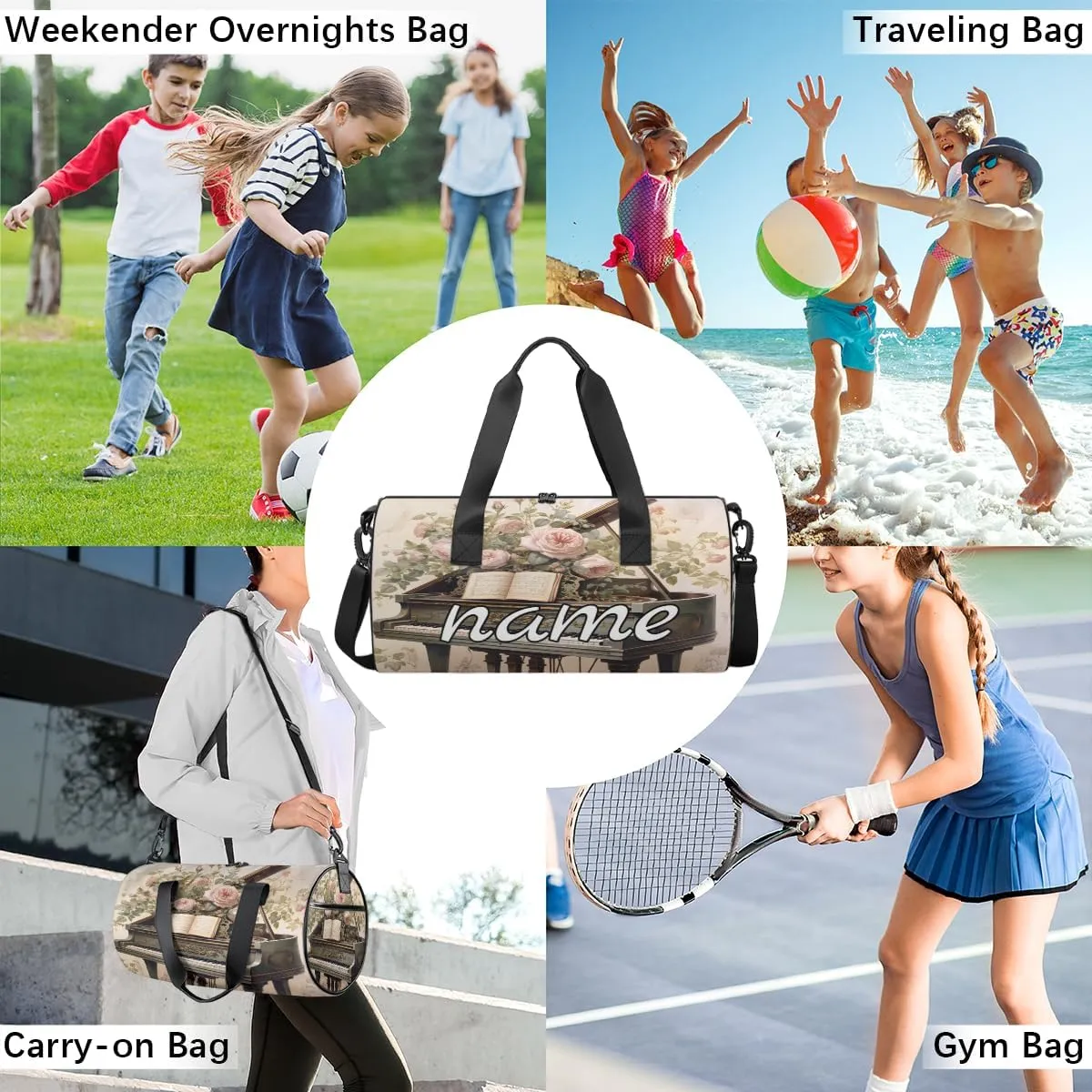 Music Piano Floral Print Personalized Dance Bags, Music Piano Floral Print Custom Sport Duffel Bag Travel Duffle Bag Overnight Weekender Bag