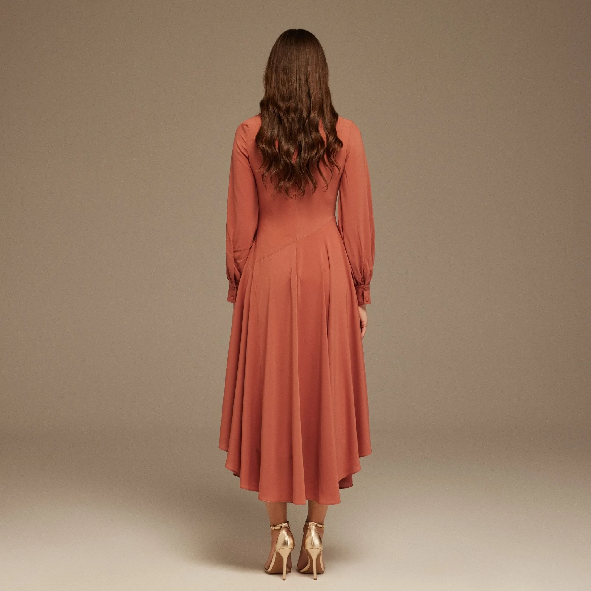 Muted Clay Boat Neckline Long Sleeve Chiffon Dress