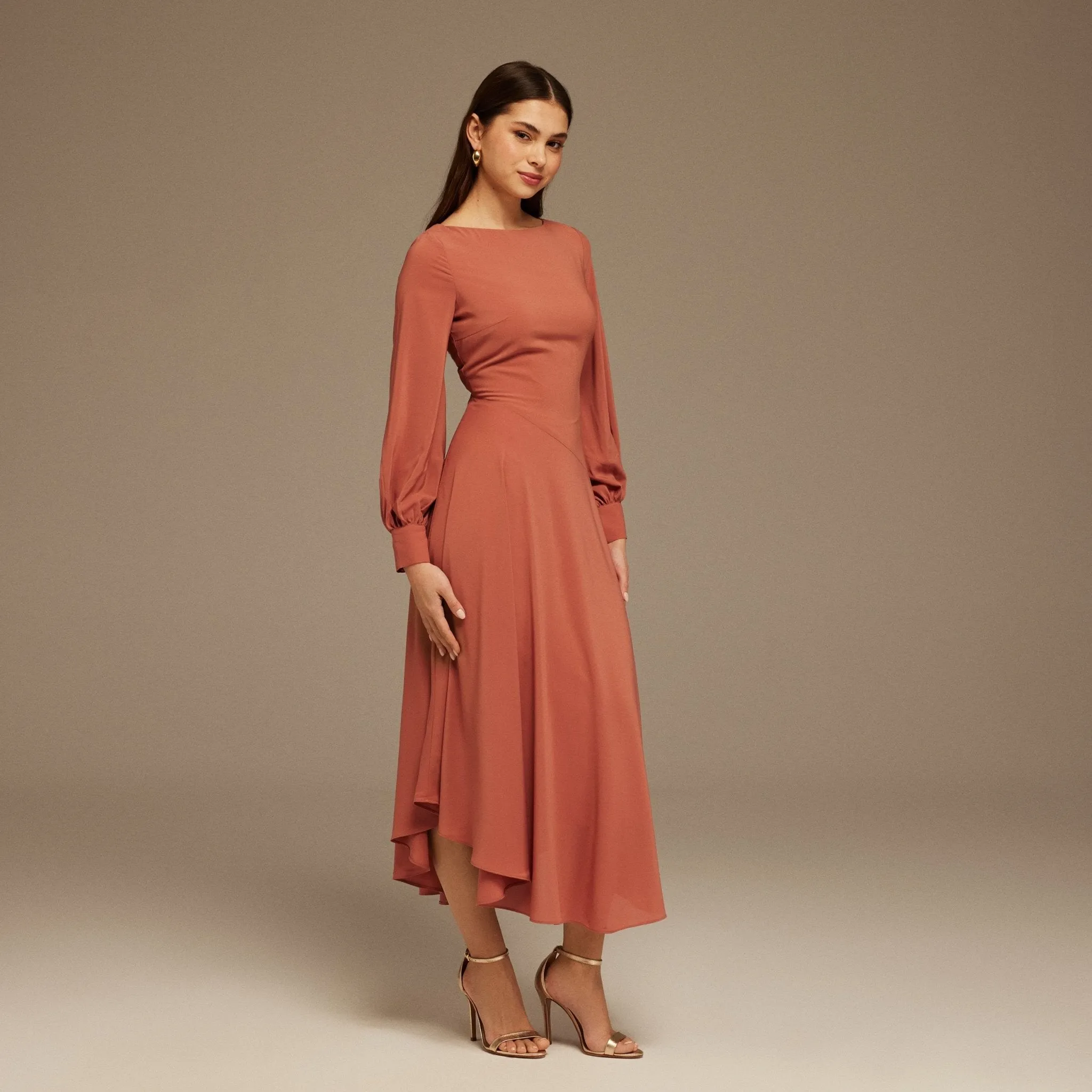 Muted Clay Boat Neckline Long Sleeve Chiffon Dress