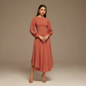 Muted Clay Boat Neckline Long Sleeve Chiffon Dress Muted Clay Boat Neckline Long Sleeve Chiffon Dress