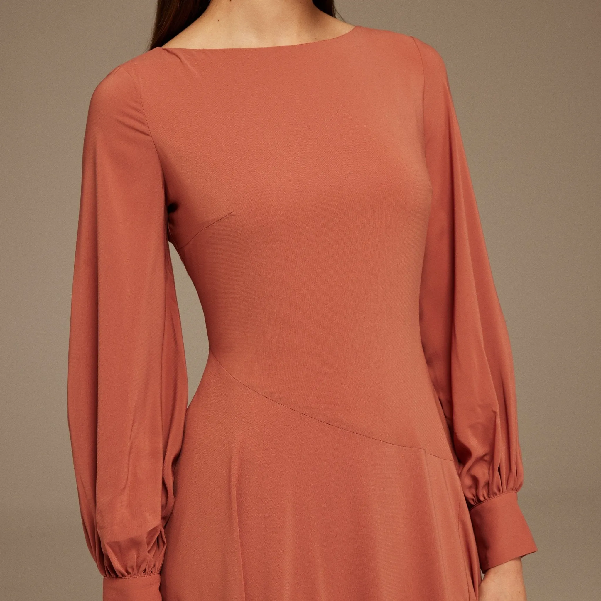 Muted Clay Boat Neckline Long Sleeve Chiffon Dress