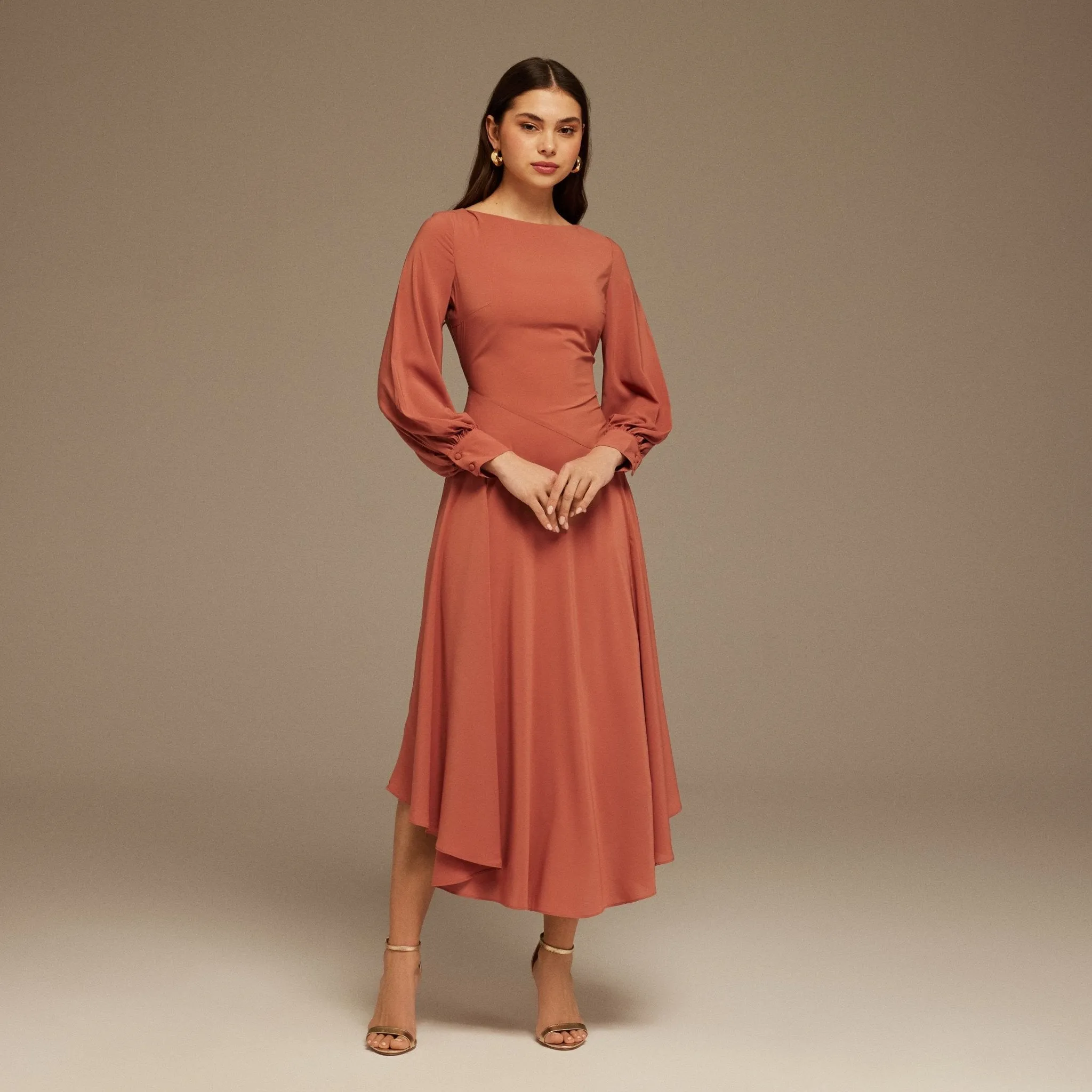 Muted Clay Boat Neckline Long Sleeve Chiffon Dress