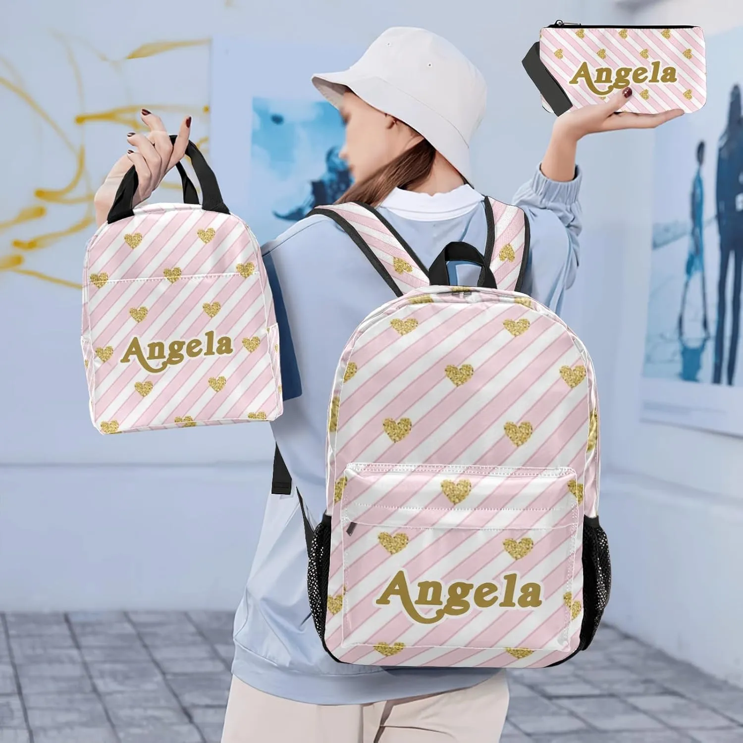 Name Pink Stripes Backpacks Set with Multifunctional Dirt Resistant Lunch Handbag Tableware Bag Laptop Bag Travel Gift