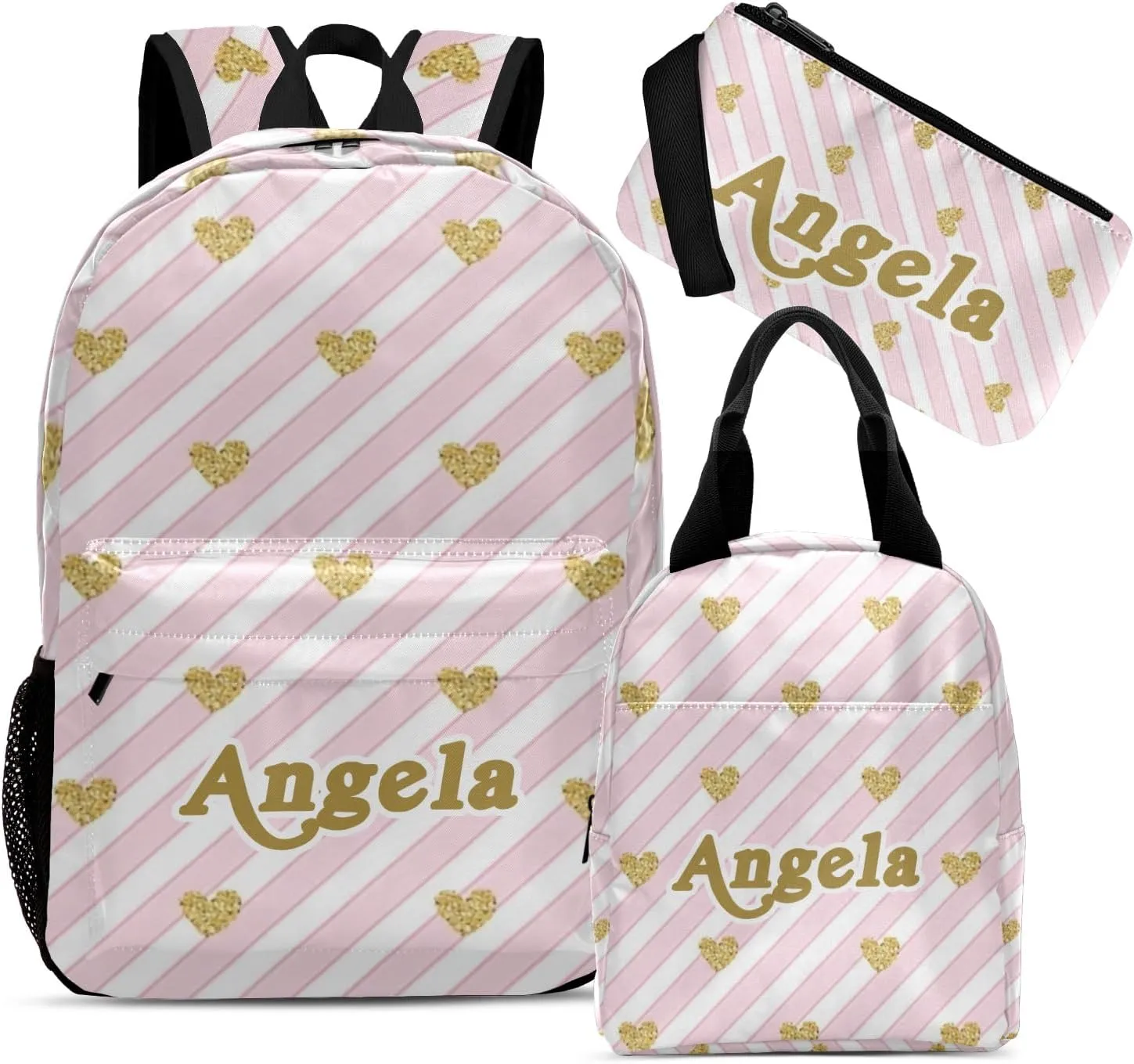 Name Pink Stripes Backpacks Set with Multifunctional Dirt Resistant Lunch Handbag Tableware Bag Laptop Bag Travel Gift