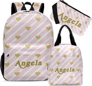 Name Pink Stripes Backpacks Set with Multifunctional Dirt Resistant Lunch Handbag Tableware Bag Laptop Bag Travel Gift