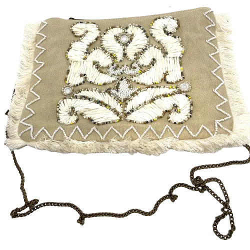 Natural beaded/fringed clutch
