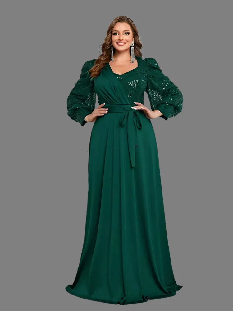 Navy Plus Size V-Neck Long-Sleeved Evening Dresses