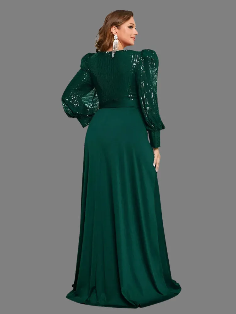 Navy Plus Size V-Neck Long-Sleeved Evening Dresses