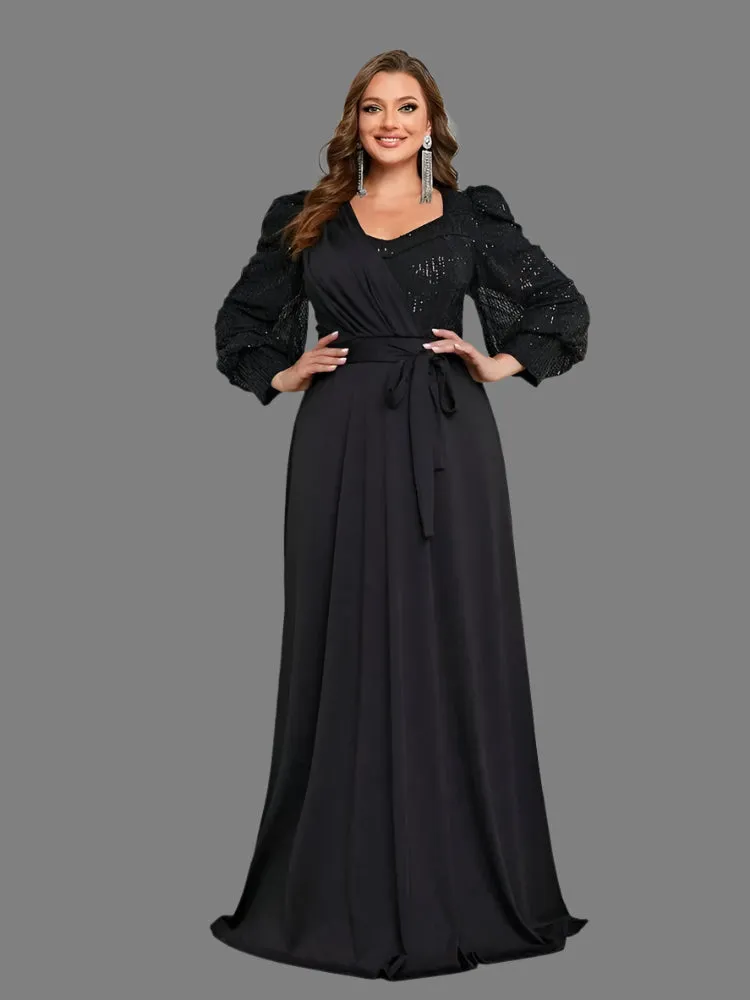 Navy Plus Size V-Neck Long-Sleeved Evening Dresses