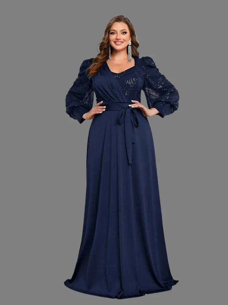 Navy Plus Size V-Neck Long-Sleeved Evening Dresses