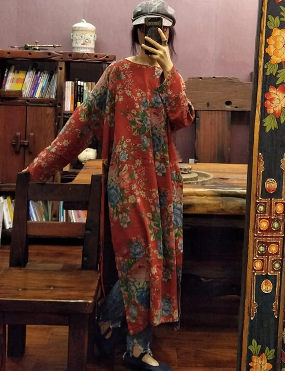 NFYM Women Vintage Floral Print Dress Cotton Long Sleeve Side High Split Drawstring Loose Robe Dress