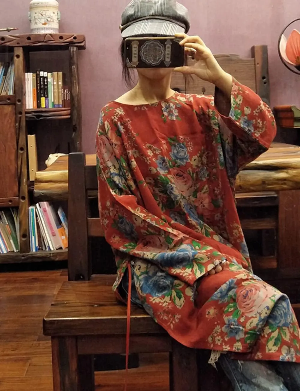 NFYM Women Vintage Floral Print Dress Cotton Long Sleeve Side High Split Drawstring Loose Robe Dress