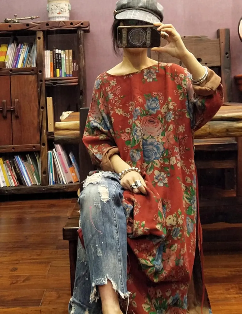NFYM Women Vintage Floral Print Dress Cotton Long Sleeve Side High Split Drawstring Loose Robe Dress