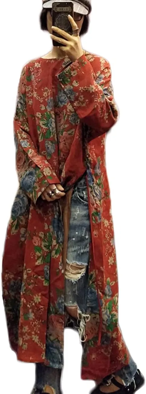 NFYM Women Vintage Floral Print Dress Cotton Long Sleeve Side High Split Drawstring Loose Robe Dress