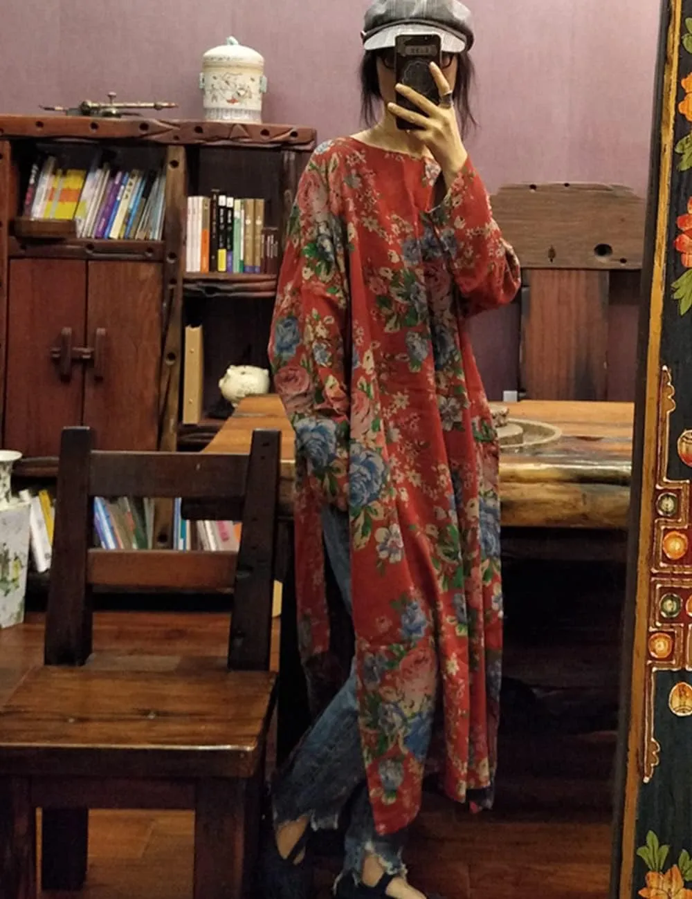 NFYM Women Vintage Floral Print Dress Cotton Long Sleeve Side High Split Drawstring Loose Robe Dress
