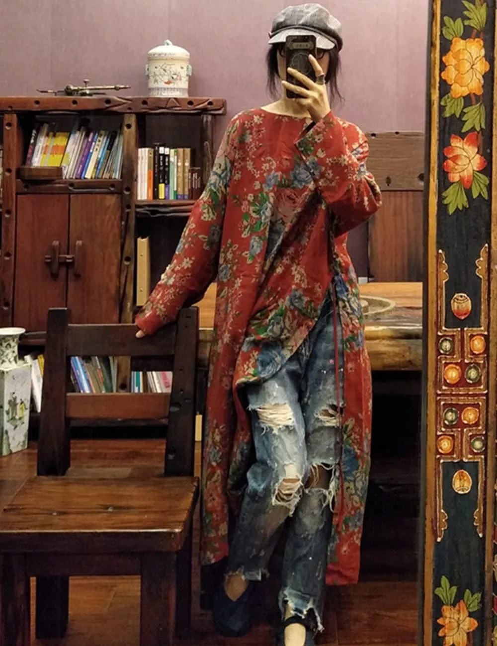NFYM Women Vintage Floral Print Dress Cotton Long Sleeve Side High Split Drawstring Loose Robe Dress