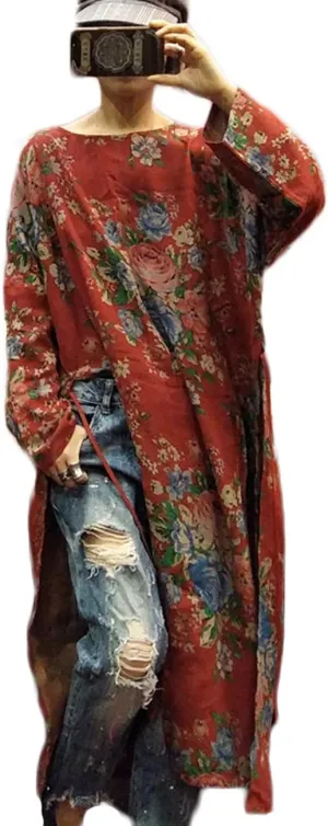 NFYM Women Vintage Floral Print Dress Cotton Long Sleeve Side High Split Drawstring Loose Robe Dress