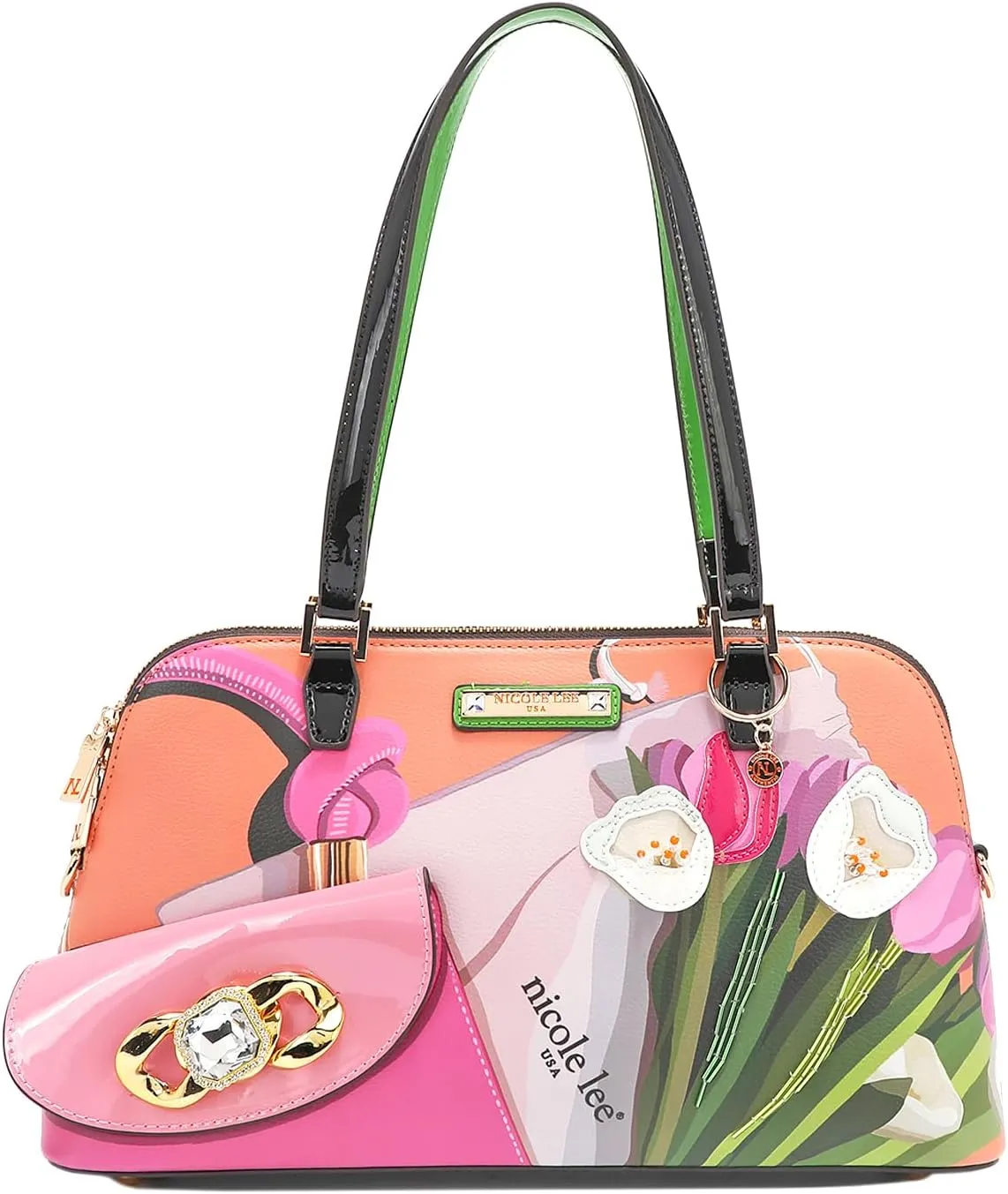 Nicole Lee Violet Blossom Dome Shoulder Bag, Vegan Leather, Beaded Applique Detail