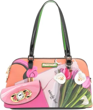 Nicole Lee Violet Blossom Dome Shoulder Bag, Vegan Leather, Beaded Applique Detail