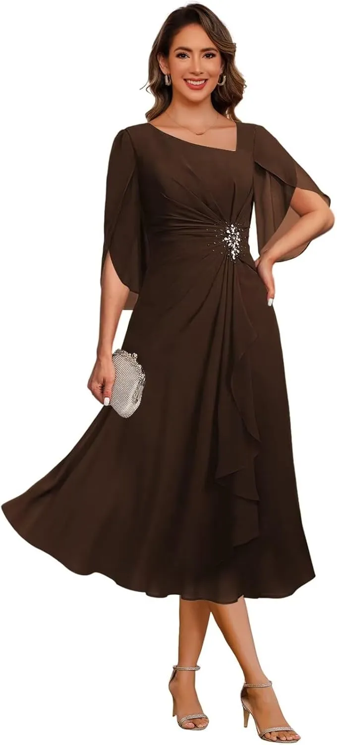 Noras dress Appliques Mother of Bride Dresses for Wedding Ruffle Cap Sleeves Tea Length Formal Evening Party Gowns B096