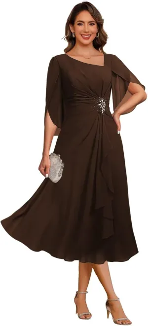 Noras dress Appliques Mother of Bride Dresses for Wedding Ruffle Cap Sleeves Tea Length Formal Evening Party Gowns B096