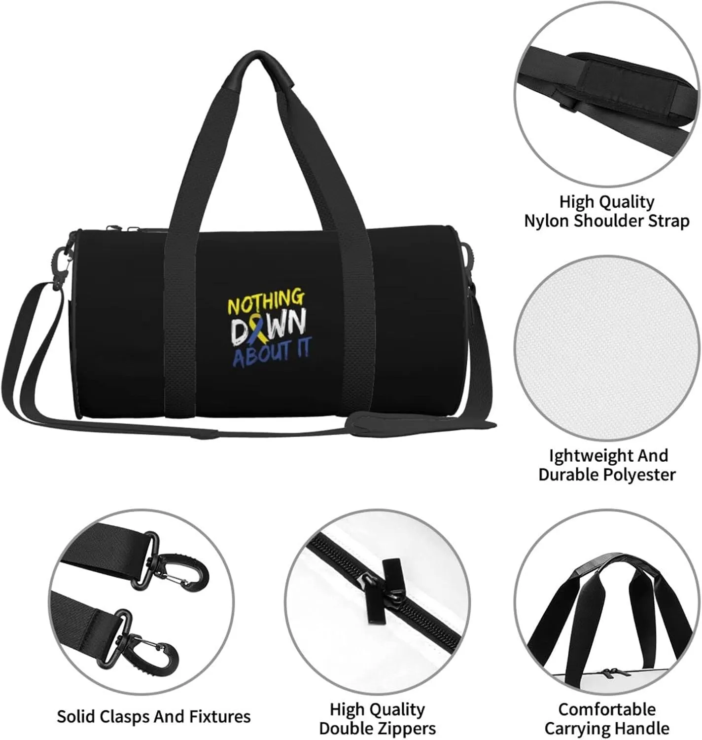 Nothing Down About It Down Syndrome Awareness Travel Luggage Duffel Bag Sports Rolling Foldable Duffel Bag, Black