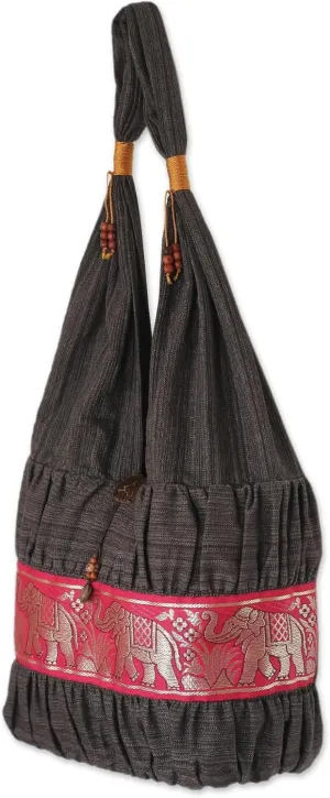 NOVICA Artisan Handmade Cotton Shoulder Bag Grey Coconut Shell Handbags Pink Patterned Thailand Animal Themed Elephant ' Scarlet Thai'