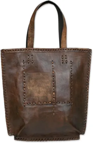 NOVICA Artisan Handmade Leather Tote Bag Brown with Antique Finish from Indonesia Handbags Shoulder Solid ' Kuta Heritage'
