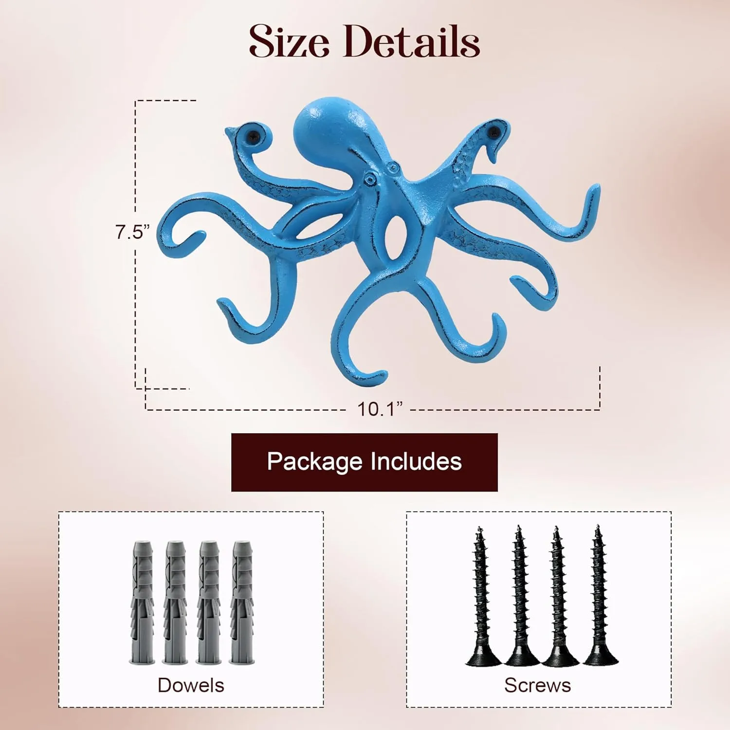 Octopus Keys Hook, Decorative Wall Mounted Nautical Wall Rack, Antique Key Holder Hook, Cast Aluminum Hanger for Coat, Hand Towel, Bathrobe, Jacket, Bedroom, Kitchen & Balcony (Distressed Blue)