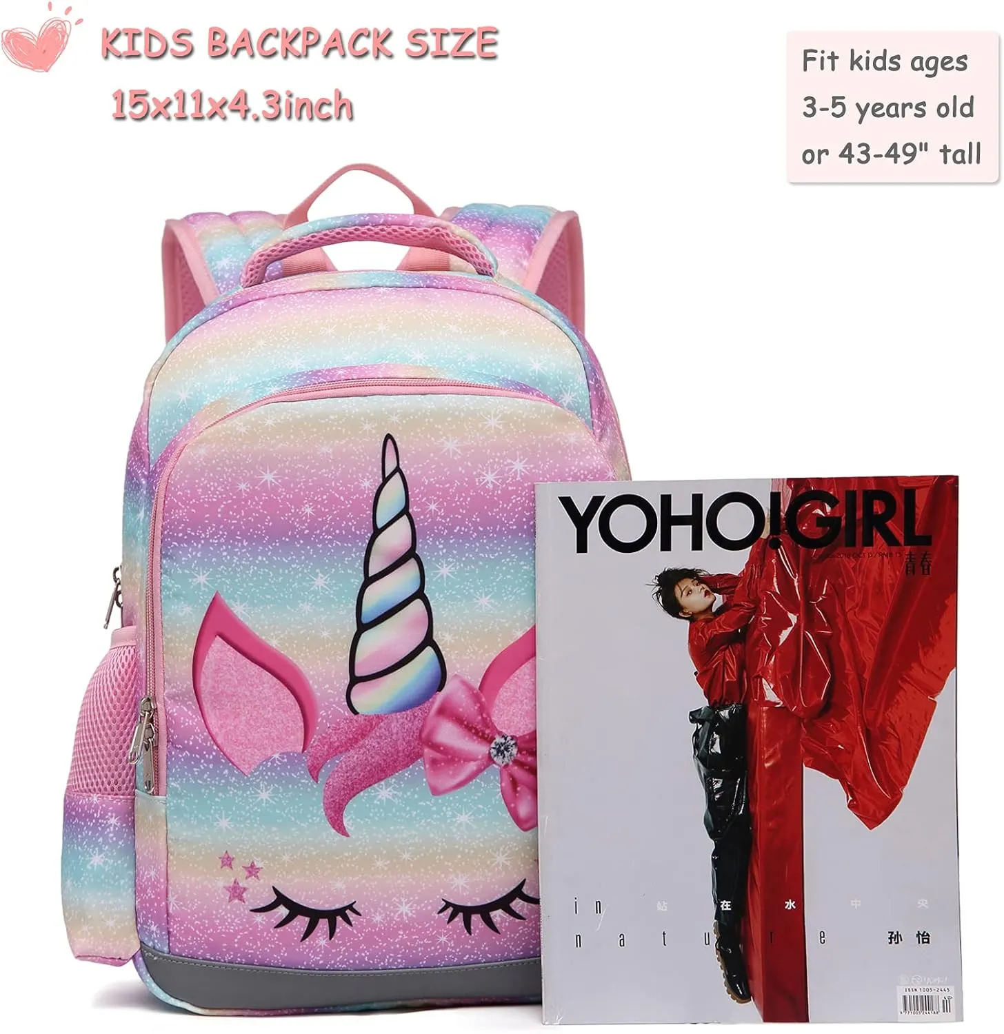 Octsky Backpack for Girls, Kids backpacks Preschool Kindergarten Bookbag Cute Lightweight With Chest Strap and Lunchbox (Unicorn)