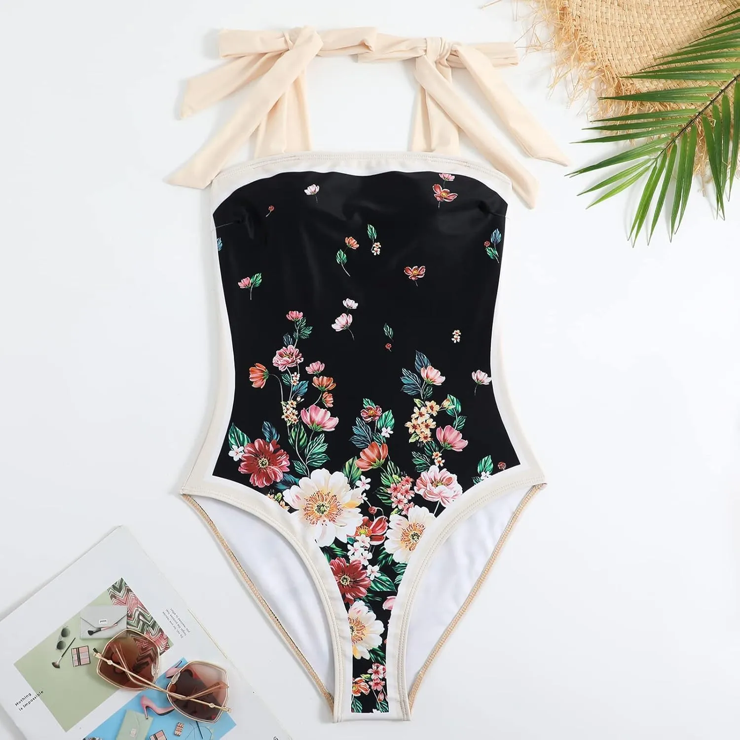 ODASDO Women One-Piece Swimsuit Monokini with Chiffon Long Wrap Skirt Floral Tropical Plants Print Swimwear…
