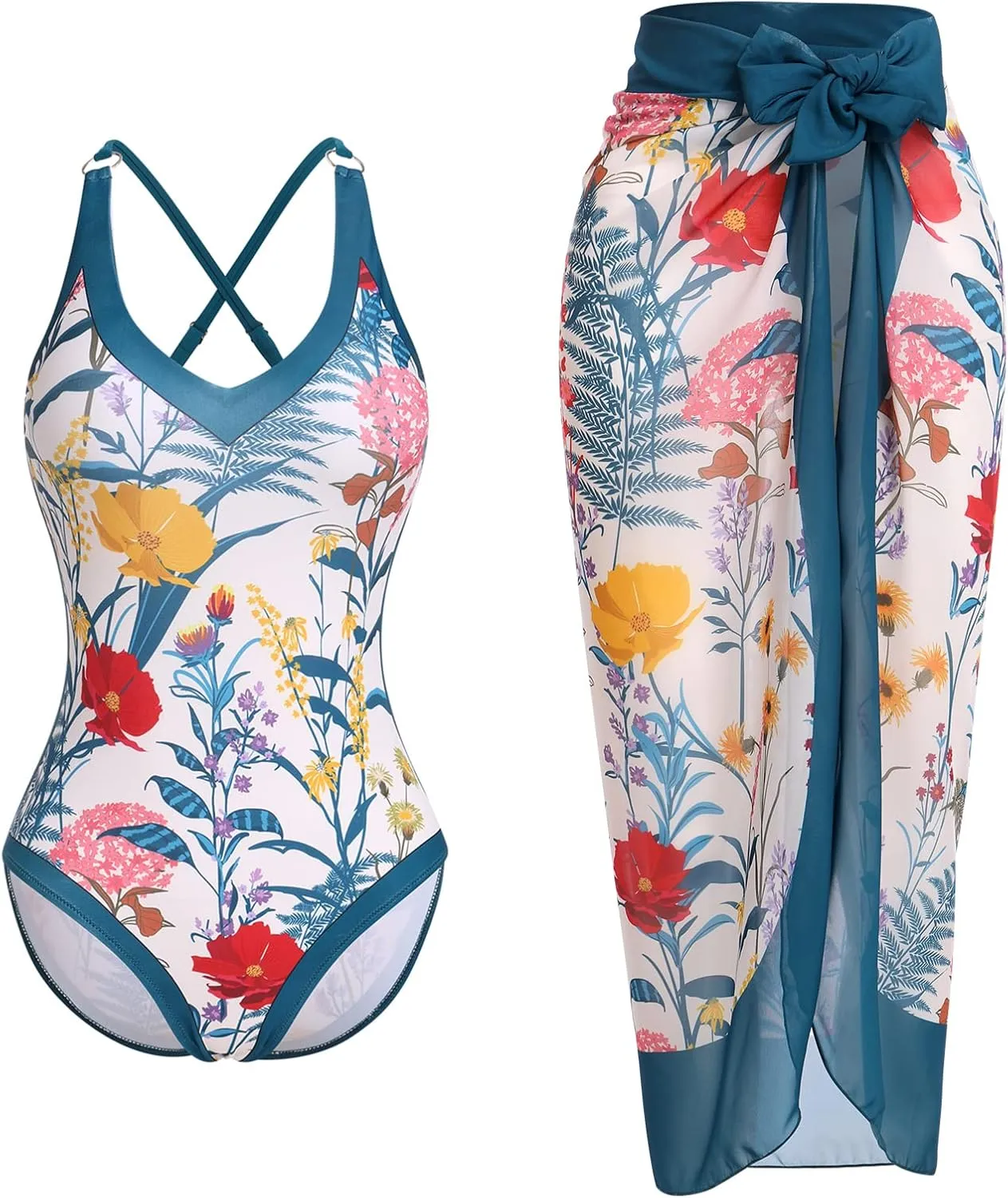 ODASDO Women One-Piece Swimsuit Monokini with Chiffon Long Wrap Skirt Floral Tropical Plants Print Swimwear…