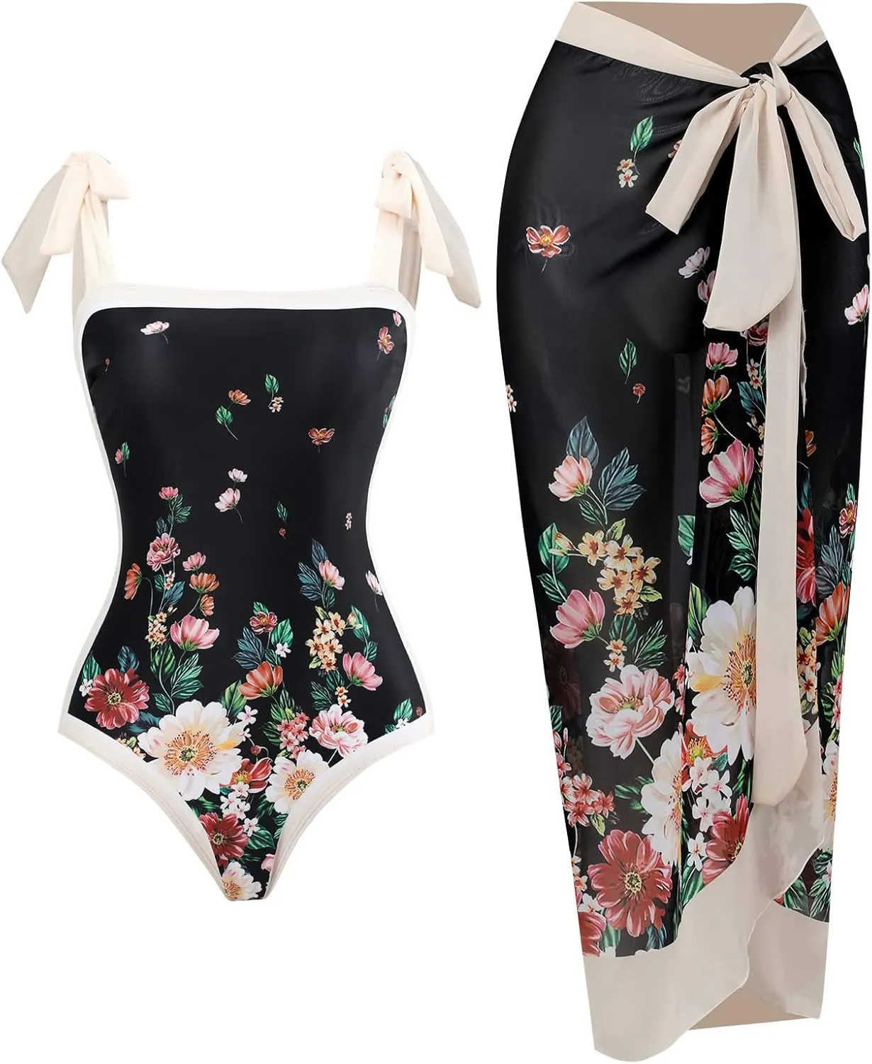 ODASDO Women One-Piece Swimsuit Monokini with Chiffon Long Wrap Skirt Floral Tropical Plants Print Swimwear…