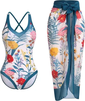 ODASDO Women One-Piece Swimsuit Monokini with Chiffon Long Wrap Skirt Floral Tropical Plants Print Swimwear…