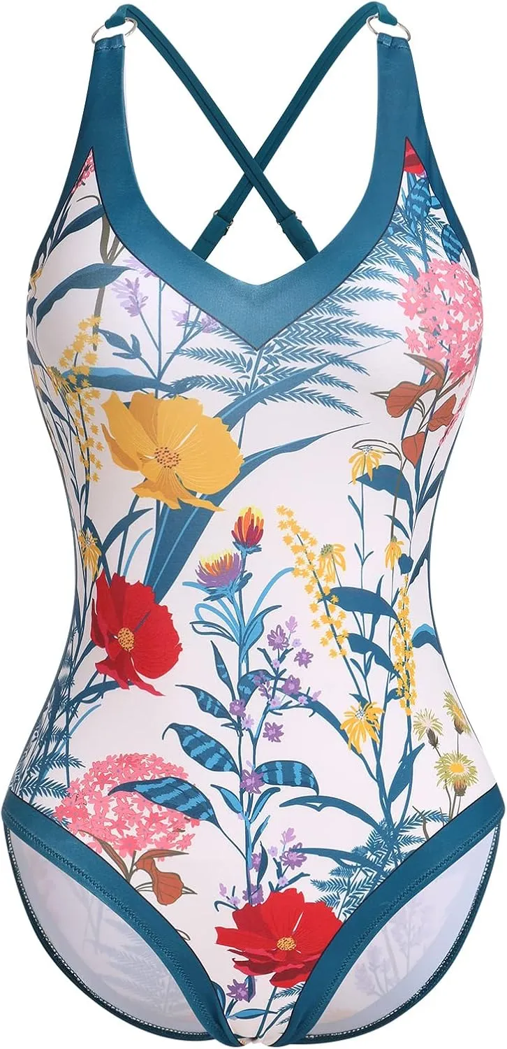 ODASDO Women One-Piece Swimsuit Monokini with Chiffon Long Wrap Skirt Floral Tropical Plants Print Swimwear…