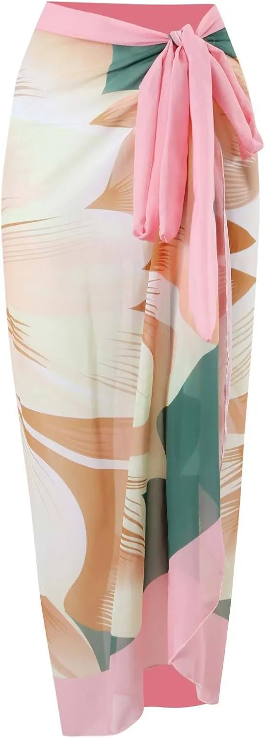 ODASDO Women One-Piece Swimsuit Monokini with Chiffon Long Wrap Skirt Floral Tropical Plants Print Swimwear…