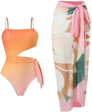ODASDO Women One-Piece Swimsuit Monokini with Chiffon Long Wrap Skirt Floral Tropical Plants Print Swimwear…