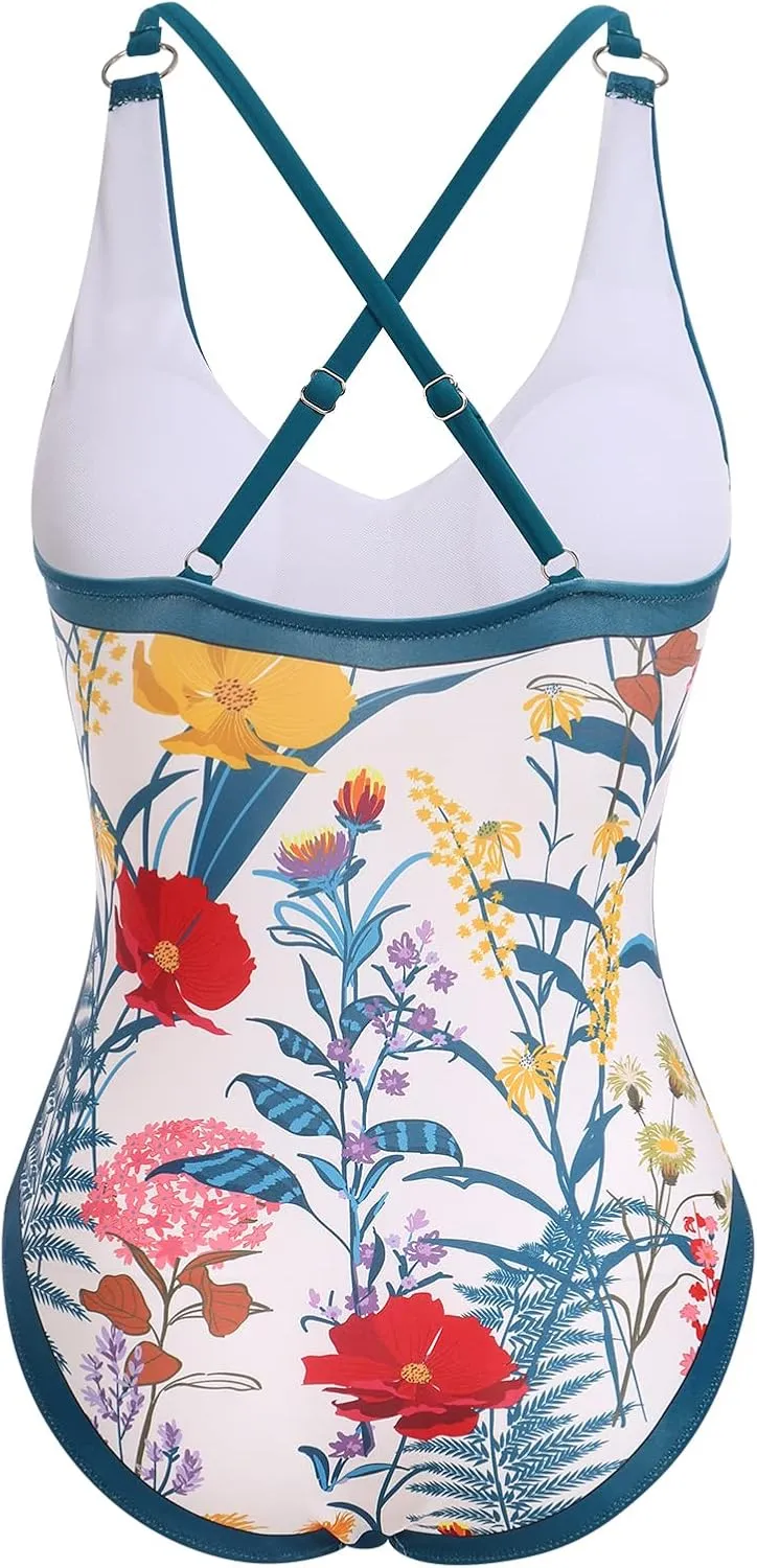 ODASDO Women One-Piece Swimsuit Monokini with Chiffon Long Wrap Skirt Floral Tropical Plants Print Swimwear…