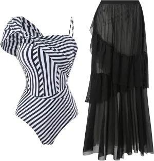 ODIZLI Bathing Suit Womens One Piece Swimsuits with Cover up Wrap Skirt Outfits Summer Swimming 2 PCS