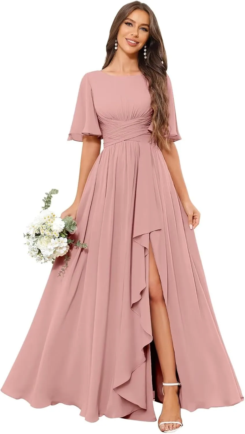 OFEECHUN Flutter Sleeve Chiffon Bridesmaid Dresses for Women with Slit A Line Ruffle Formal Wedding Guest Dress with Pockets