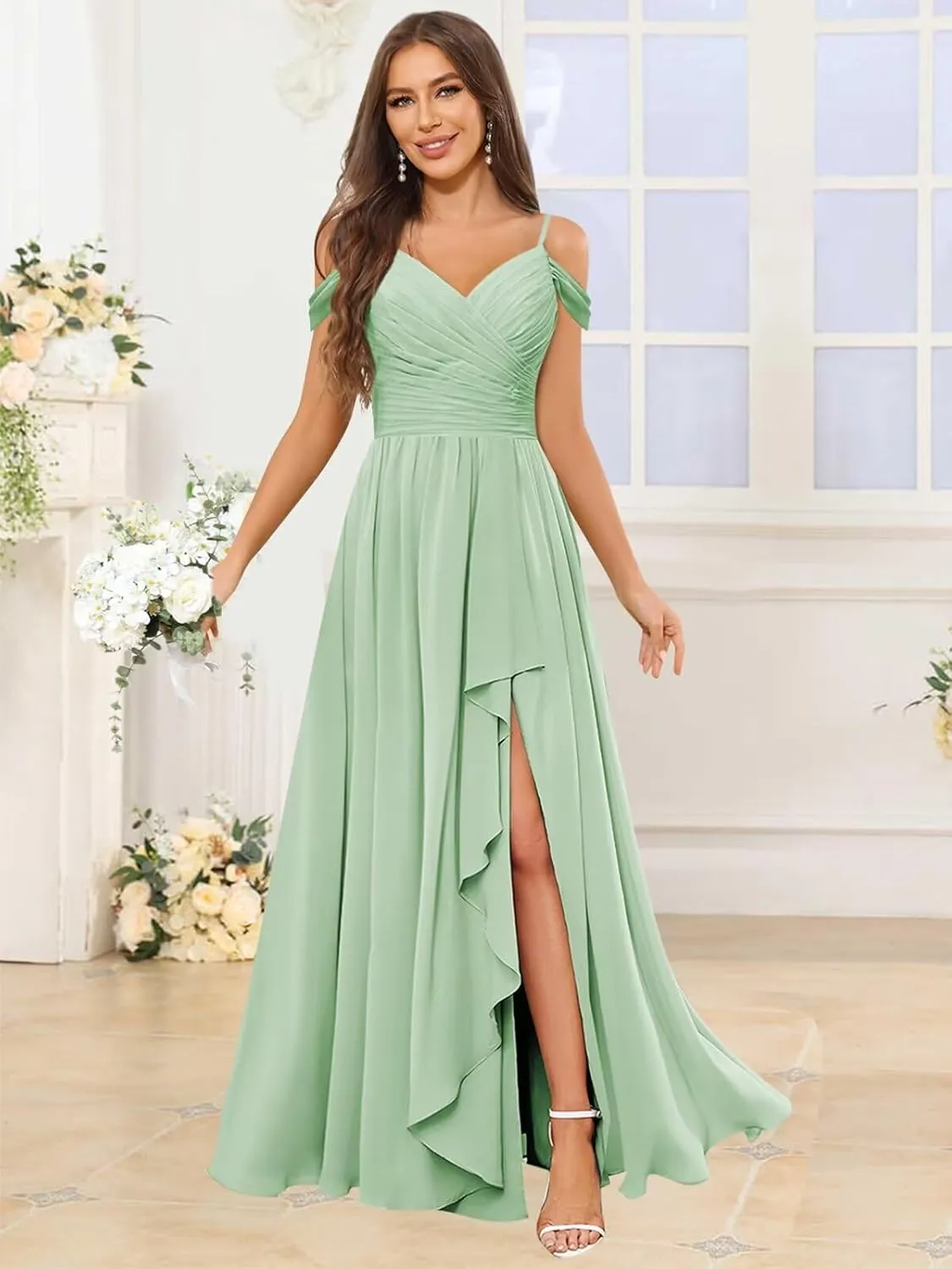 OFEECHUN Women's Off The Shoulder Long Bridesmaid Dresses for Wedding Chiffon Ruched Formal Evening Gowns with Slit