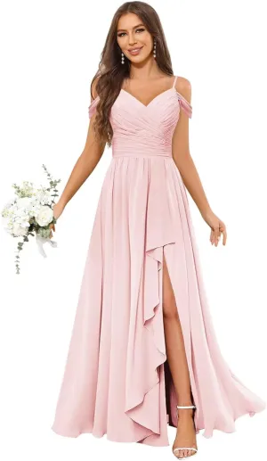 OFEECHUN Women's Off The Shoulder Long Bridesmaid Dresses for Wedding Chiffon Ruched Formal Evening Gowns with Slit