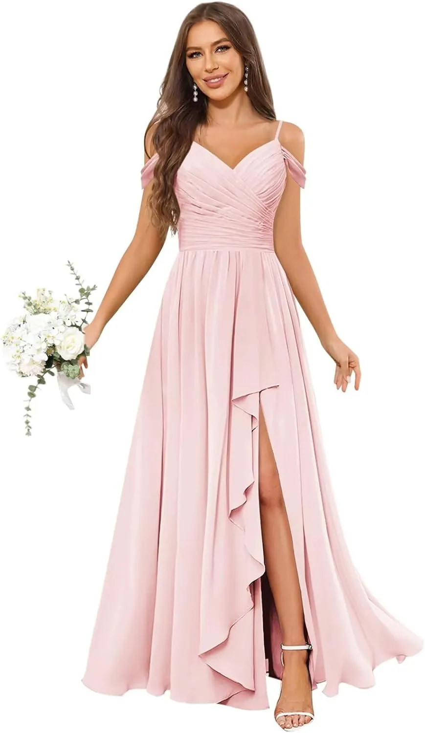 OFEECHUN Women's Off The Shoulder Long Bridesmaid Dresses for Wedding Chiffon Ruched Formal Evening Gowns with Slit