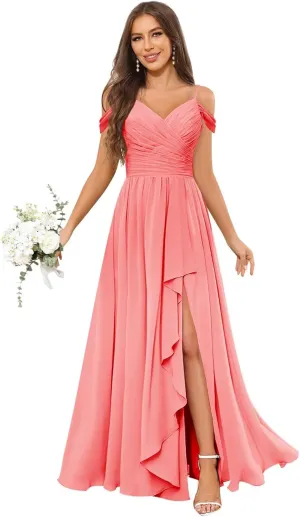 OFEECHUN Women's Off The Shoulder Long Bridesmaid Dresses for Wedding Chiffon Ruched Formal Evening Gowns with Slit