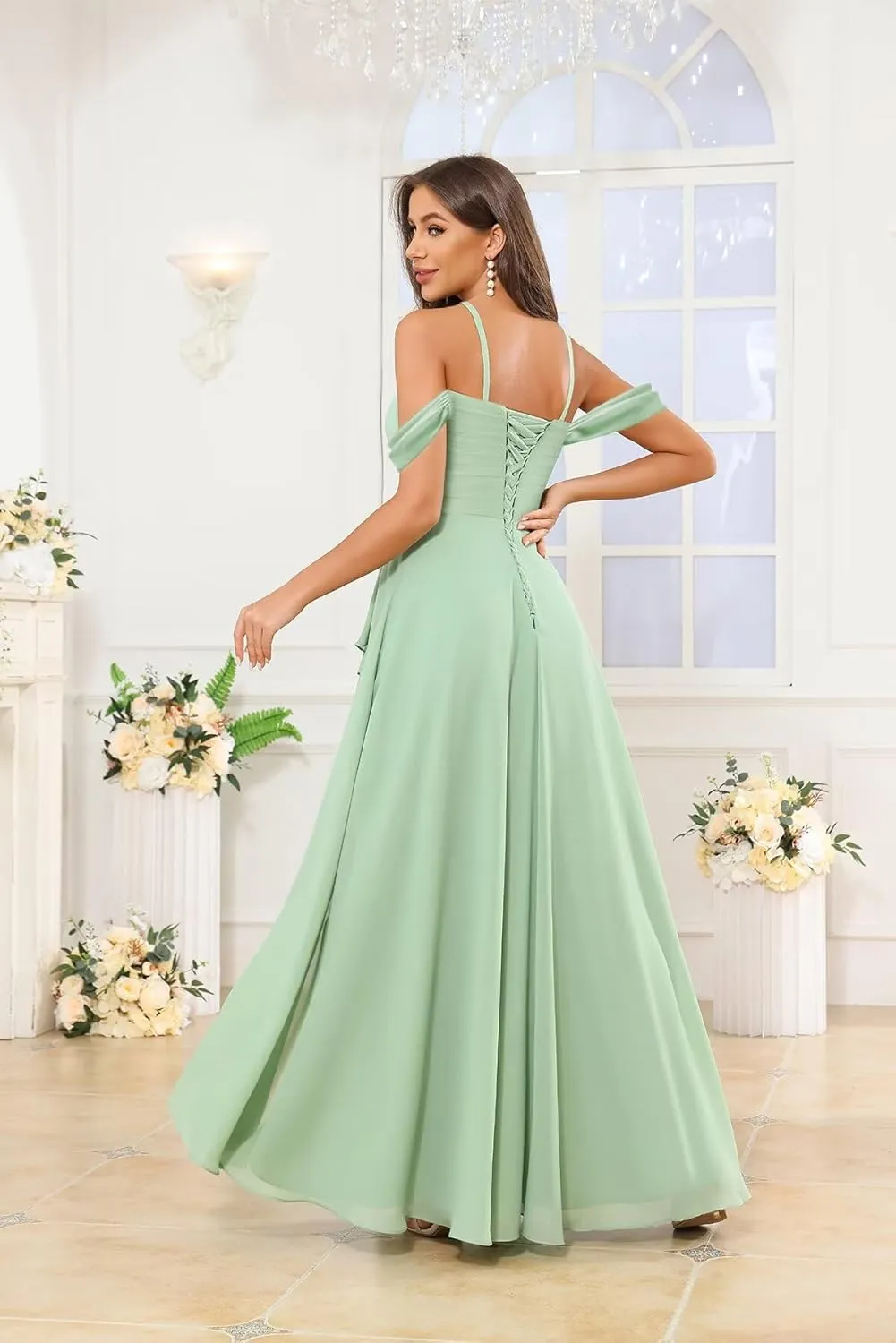 OFEECHUN Women's Off The Shoulder Long Bridesmaid Dresses for Wedding Chiffon Ruched Formal Evening Gowns with Slit