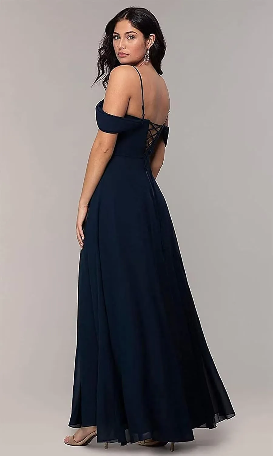 OFEECHUN Women's Off The Shoulder Long Bridesmaid Dresses for Wedding Chiffon Ruched Formal Evening Gowns with Slit