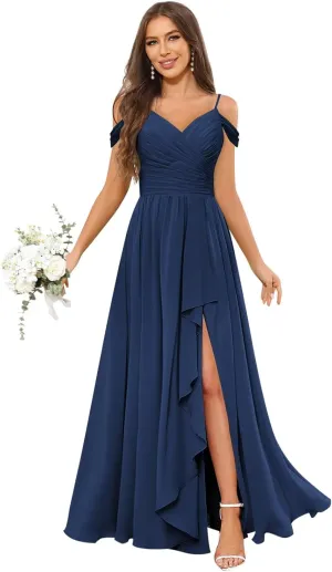 OFEECHUN Women's Off The Shoulder Long Bridesmaid Dresses for Wedding Chiffon Ruched Formal Evening Gowns with Slit
