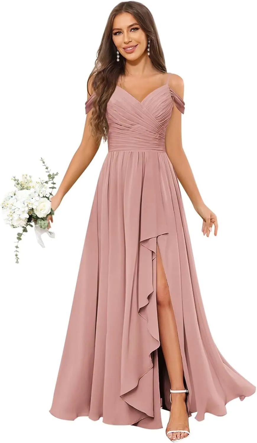 OFEECHUN Women's Off The Shoulder Long Bridesmaid Dresses for Wedding Chiffon Ruched Formal Evening Gowns with Slit